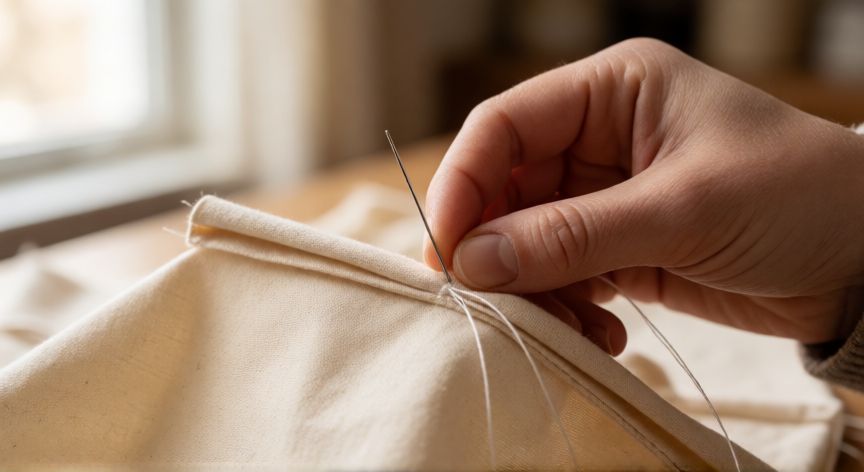 como coser dobladillo sin que se note, Manos cosiendo un punto ciego a mano en el dobladillo de una tela de algodón beige
