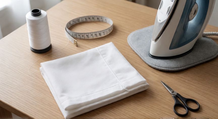como coser dobladillo sin que se note, Espacio de costura con dobladillo planchado, hilo, tijeras y plancha sobre mesa de madera