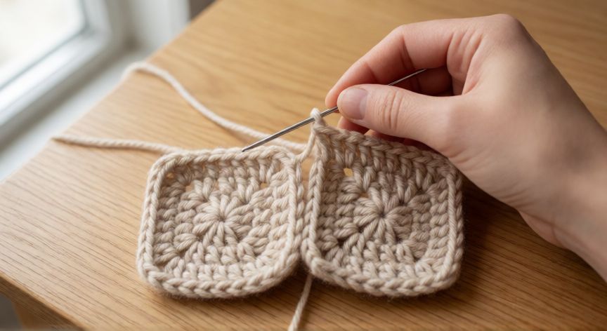 como coser dos cuadrados de ganchillo, Manos cosiendo dos cuadrados de ganchillo con punto rulo usando aguja de tapicería