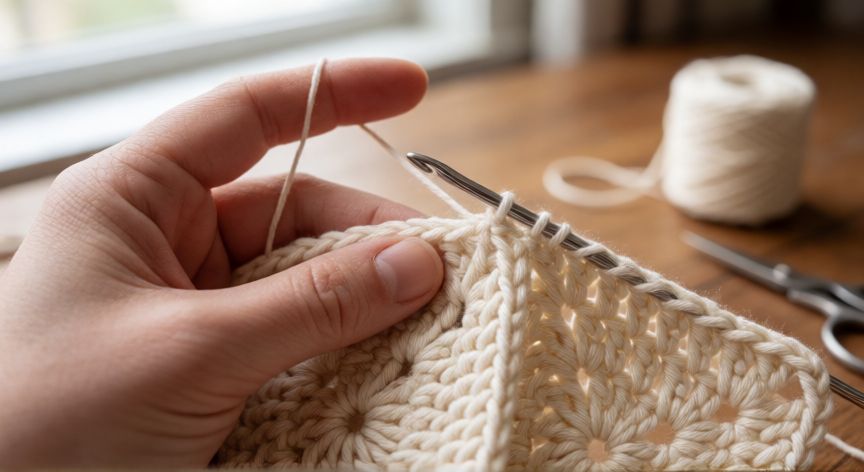 como coser dos piezas de ganchillo, Manos cosiendo dos piezas de ganchillo de algodón crema con aguja de tapón, mostrando la puntada invisible en el borde