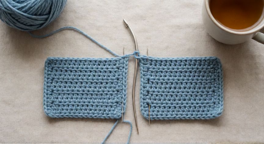 como coser dos piezas de ganchillo, Vista cenital de dos muestras de ganchillo azul alineadas listas para coser, con aguja curva e hilos sobre mesa de tela
