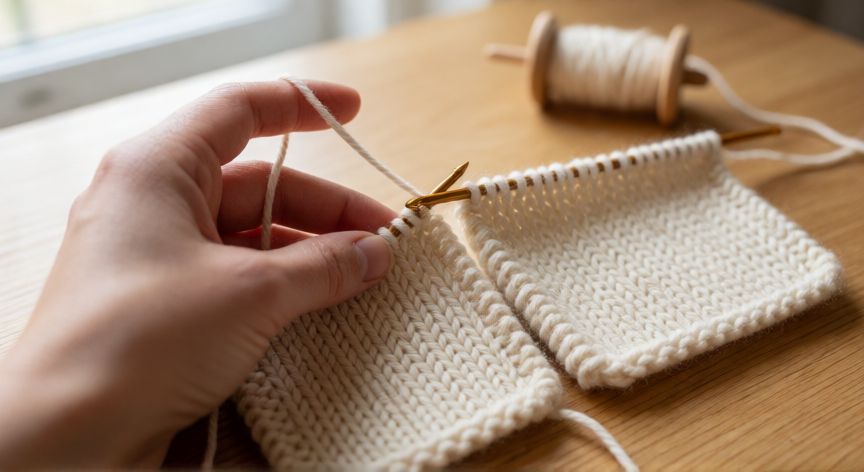 como coser dos piezas de punto, Manos cosiendo dos piezas de punto con la técnica de punto cama usando aguja de lanita e hilo de lana crema