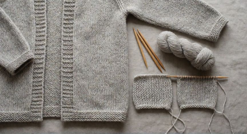como coser dos piezas de punto, Jersey de punto acabado con costura invisible junto a muestras de punto Kitchener y tres agujas sobre lino gris