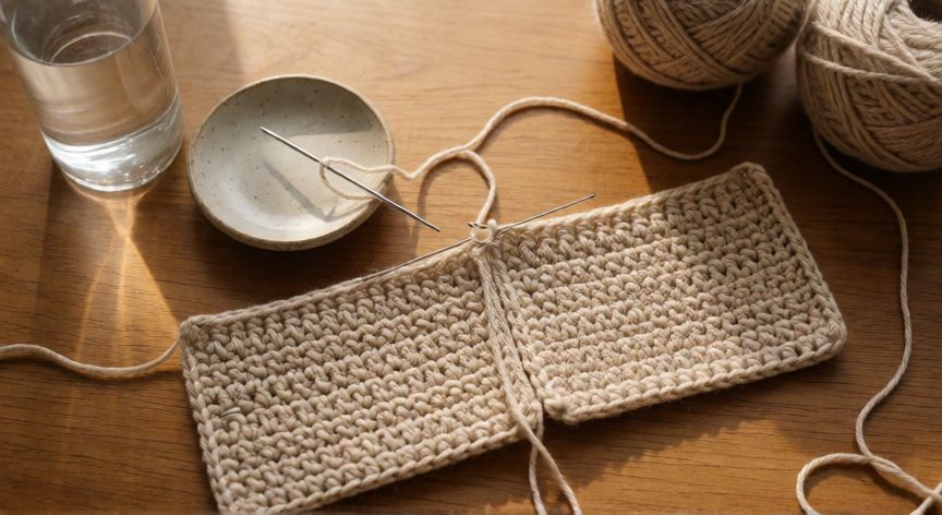 como coser dos piezas de punto a ganchillo, Piezas de ganchillo con alfileres preparadas para coser sobre mesa de trabajo