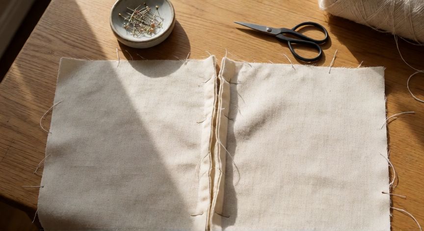 como coser dos telas sin que se note, Espacio de costura con costura francesa en tela de lino color crema vista cenital