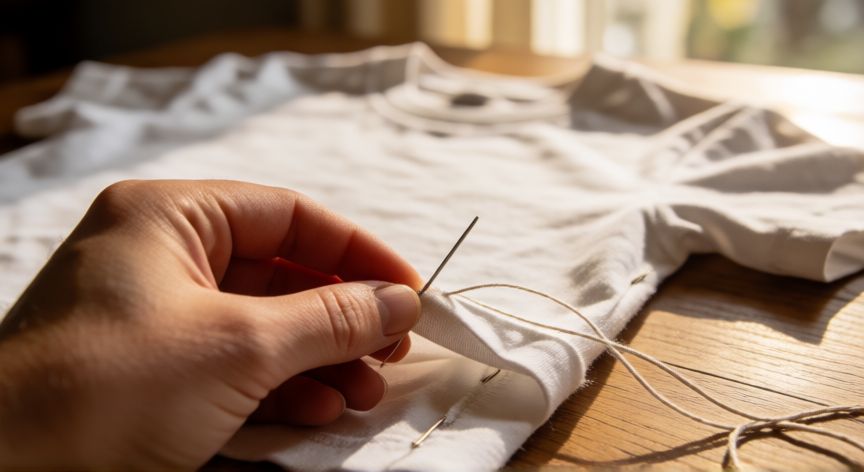 como coser el bajo de una camiseta a mano, Manos cosiendo el bajo de una camiseta blanca a mano con aguja e hilo
