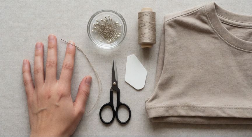 como coser el bajo de una camiseta a mano, Materiales de costura a mano dispuestos junto al bajo de una camiseta