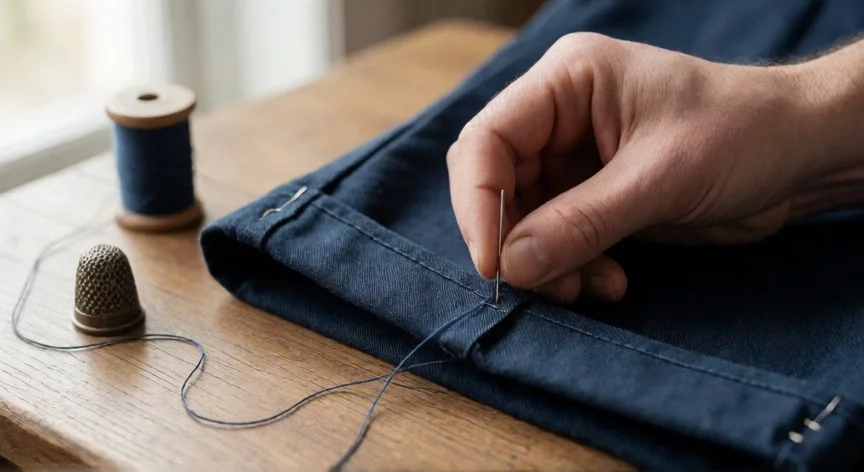 Manos cosiendo a mano el dobladillo de un pantalón con aguja e hilo sobre una mesa de trabajo