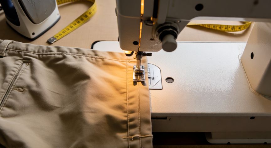 como coser el dobladillo de un pantalón, Máquina de coser rematando un dobladillo doble en pantalones chinos color caqui
