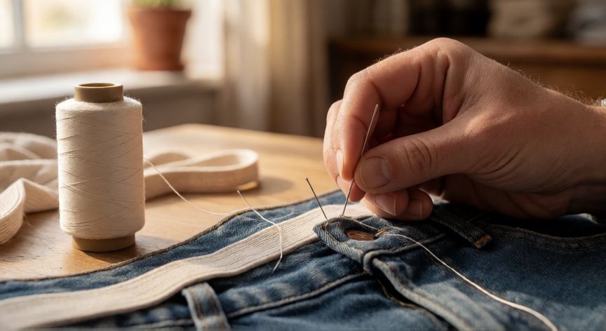 como coser elástico a mano, Manos cosiendo elástico a mano en la cintura de unos pantalones vaqueros con aguja e hilo de poliéster