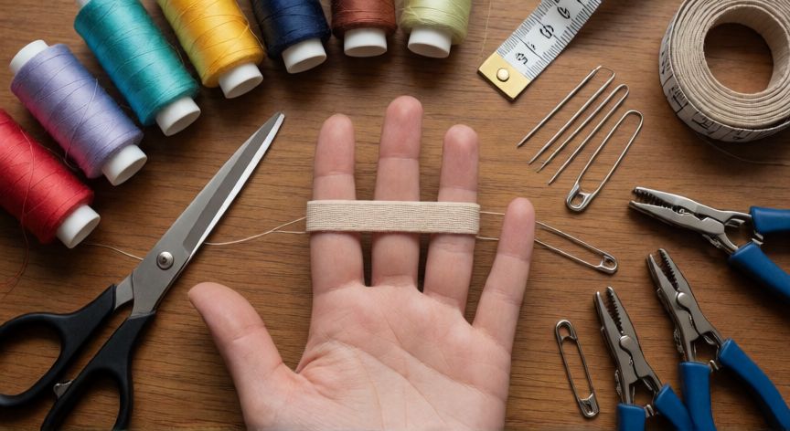 como coser elástico a mano, Materiales de costura a mano dispuestos en una mesa: hilo de poliéster, agujas, tijeras, elástico y pinzas