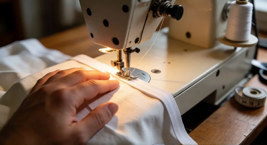 Manos cosiendo elástico con máquina de coser doméstica con alfileres y cinta métrica