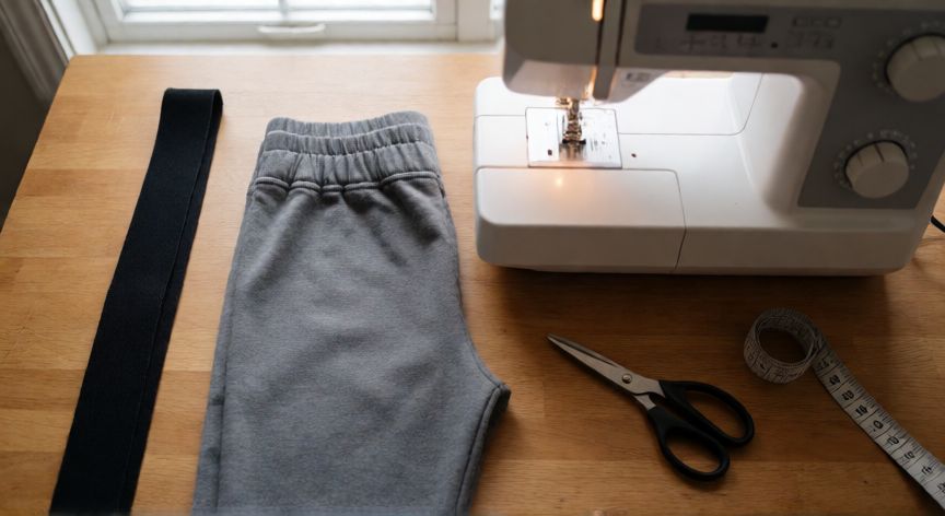 como coser elastico a maquina, Vista cenital de leggings terminados con cintura elástica en mesa de costura junto a máquina y herramientas
