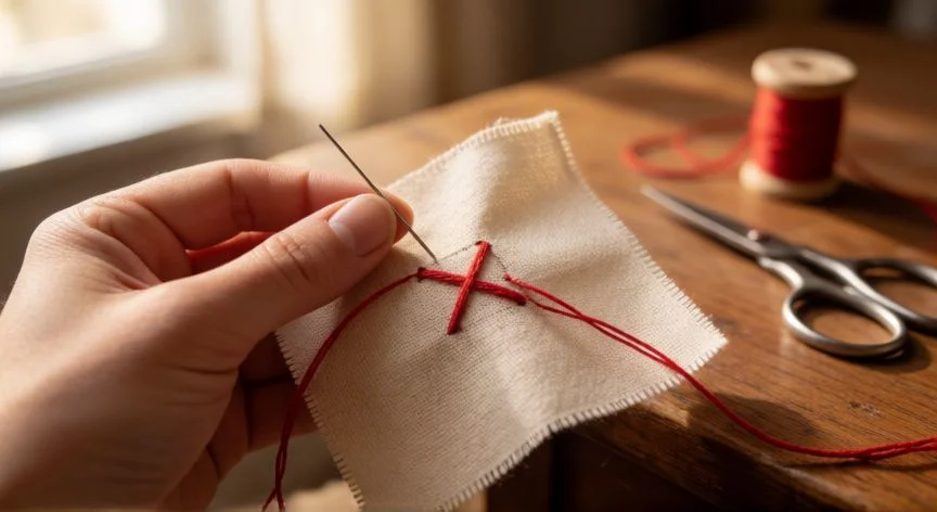 Mano cosiendo una puntada en forma de X con hilo rojo sobre tela de algodón beige