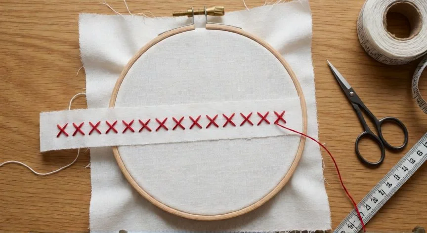 como coser en forma de x, Fila de puntadas en forma de X cosidas con hilo rojo sobre tiras de lino blanco en un bastidor de madera