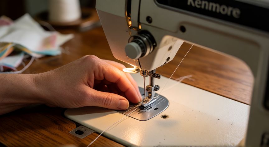 como coser en maquina kenmore, Manos enhebrando una máquina de coser Kenmore pasando el hilo por la guía superior
