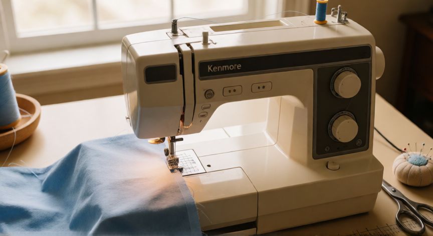 como coser en maquina kenmore, Máquina de coser Kenmore en plena costura sobre tela de algodón azul claro
