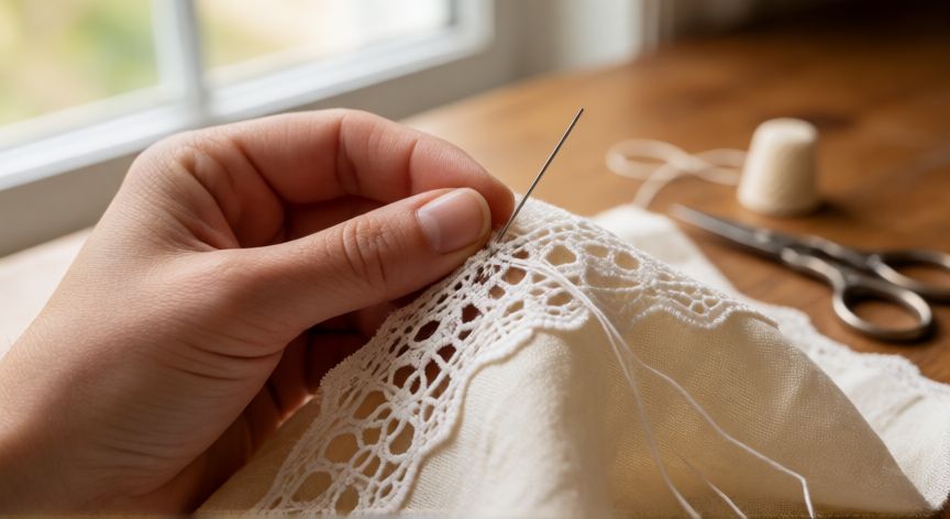 como coser encaje a mano, Manos cosiendo encaje blanco fino sobre tela de lino con aguja e hilo a mano