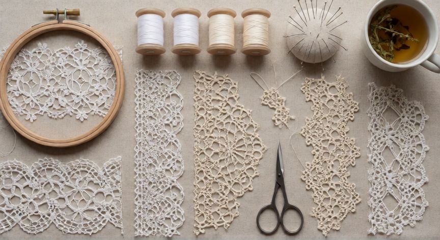 como coser encaje a mano, Mesa de costura con distintos tipos de encaje, aguja, hilos y herramientas de bordado a mano