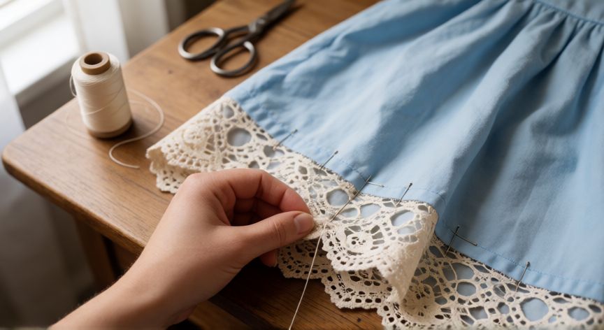 como coser encaje al dobladillo, Manos cosiendo encaje de algodón al dobladillo de una falda azul claro sobre mesa de madera