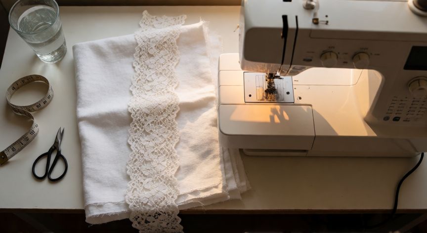 como coser encaje al dobladillo, Espacio de costura con máquina de coser, encaje blanco sobre dobladillo de lino y herramientas de costura