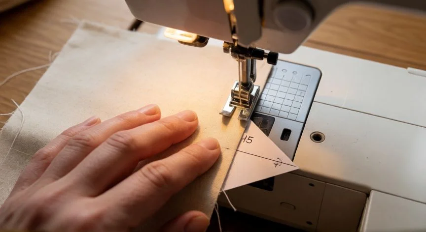 como coser esquinas a 45 grados, Manos cosiendo una esquina de tela a 45 grados con máquina de coser y guía triangular de papel