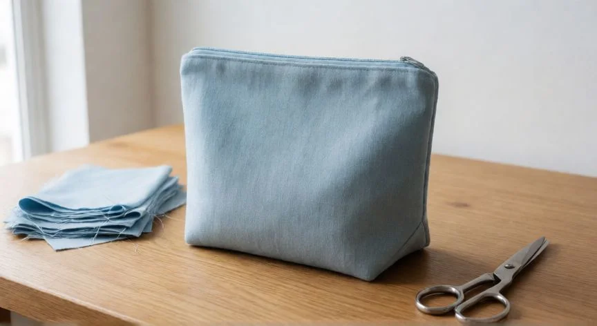 como coser esquinas a 45 grados, Estuche de lino azul con esquinas cosidas a 45 grados terminado sobre mesa de trabajo
