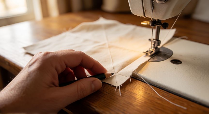 como coser esquinas cuadradas, Manos cosiendo una esquina cuadrada de tela con recorte en diagonal y punzón