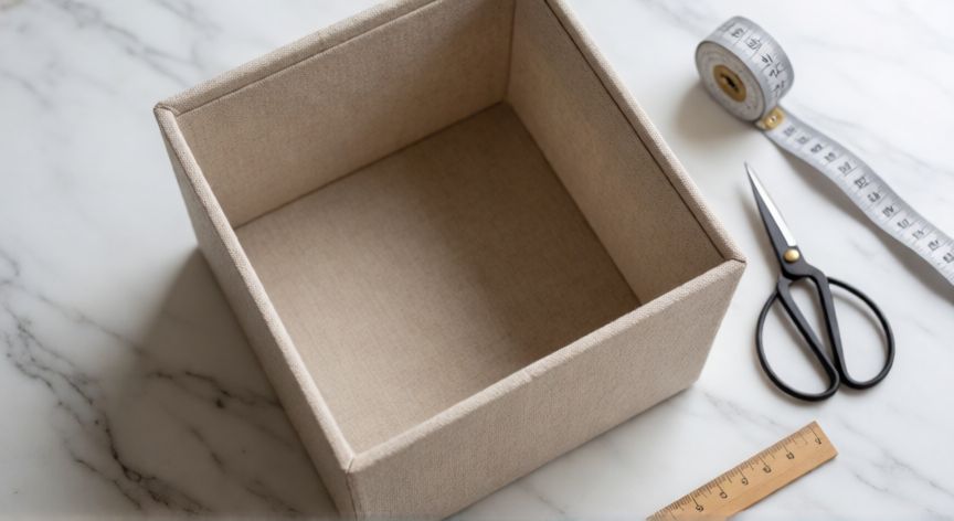 como coser esquinas cuadradas, Caja de tela terminada con esquinas cuadradas nítidas sobre mesa de trabajo
