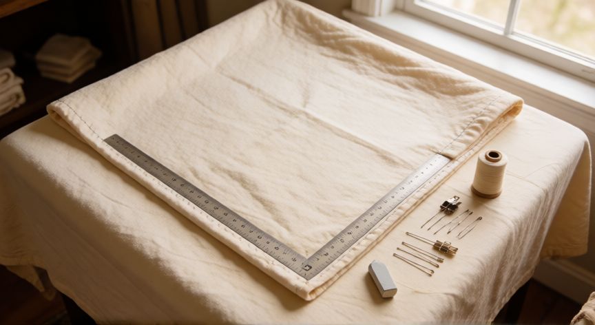 como coser esquinas de colchas, Esquina de una colcha de algodón con regla y tiza de sastre marcando la línea del dobladillo sobre mesa de costura