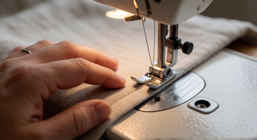 como coser esquinas de colchas, Manos cosiendo la esquina de una colcha de lino beige en máquina de coser doméstica con puntadas rectas definidas