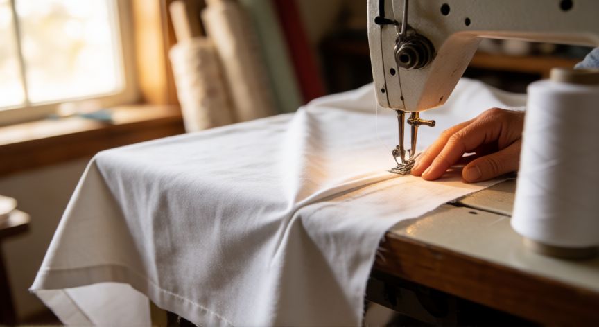 como coser esquinas de mantel, Manos cosiendo una esquina bisagra de un mantel de algodón blanco con máquina de coser