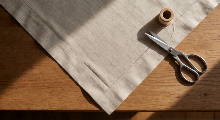 como coser esquinas de mantel, Mantel de lino natural con esquinas bisagras perfectamente cosidas sobre mesa de madera