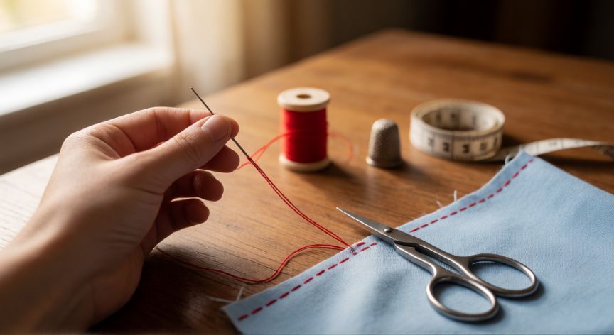 como coser facil, Mesa de costura con aguja, hilo rojo, tijeras y tela de algodón con puntadas básicas