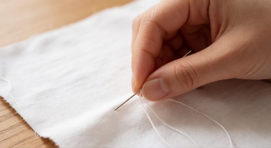 como coser facil, Manos realizando puntada alfiler en tela de algodón blanca con aguja y hilo