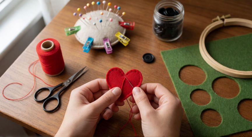 como coser fieltro, Manos cosiendo un corazón de fieltro rojo con aguja e hilo sobre una mesa de trabajo artesanal con tijeras, alfileres y botones