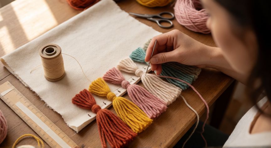 como coser flecos, Manos cosiendo flecos de hilo de colores sobre tela de algodón con aguja de tapicería