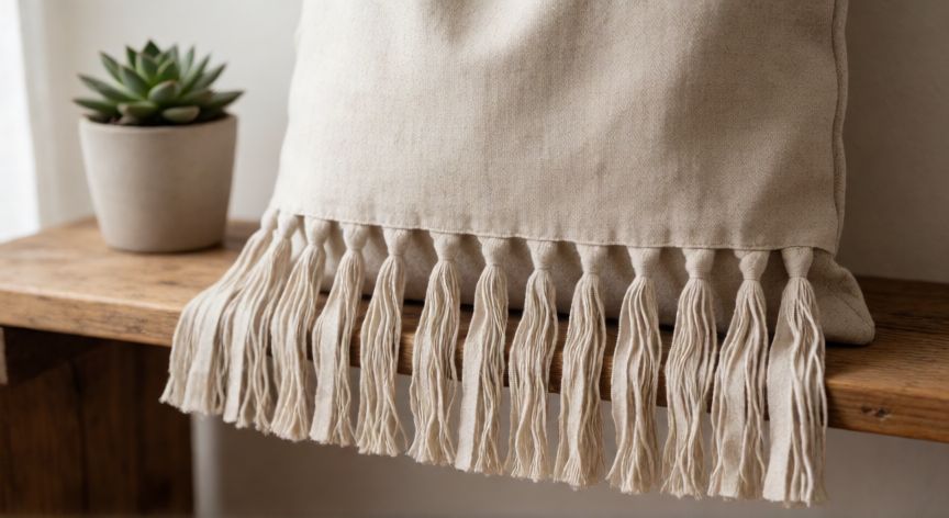 como coser flecos, Bolso de lino natural con flecos de tela de 8 cm cosidos en el borde inferior