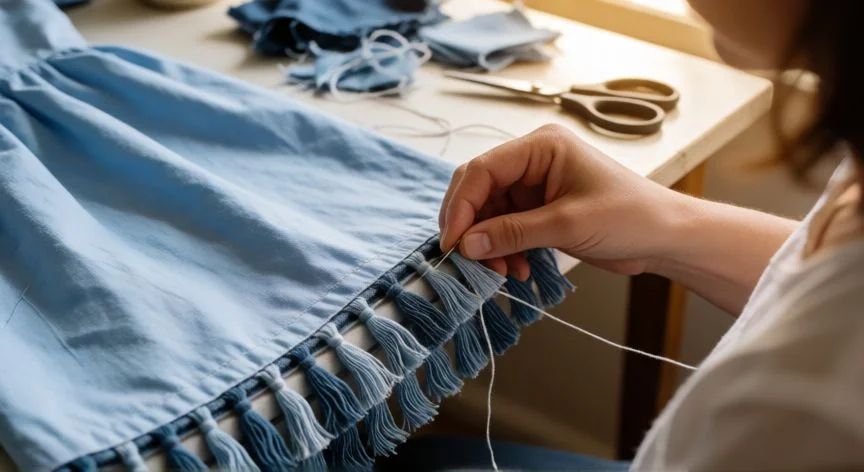 Manos cosiendo flecos de tela dením al bajo de un vestido azul con aguja e hilo blanco