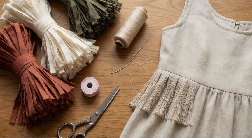 como coser flecos a un vestido, Materiales de costura sobre mesa de madera: tiras de tela, hilo, aguja, tijeras y un vestido de lino con flecos parcialmente cosidos