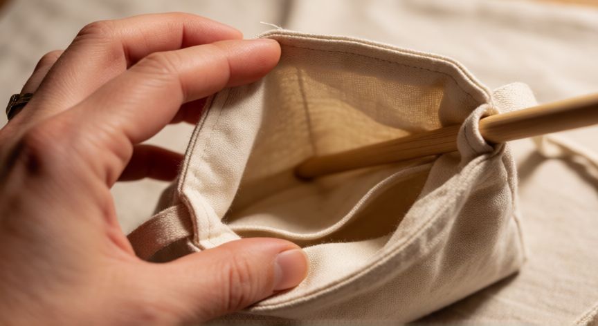 como coser forro de bolso, Manos volteando un bolso a través del hueco del forro con una varilla de madera