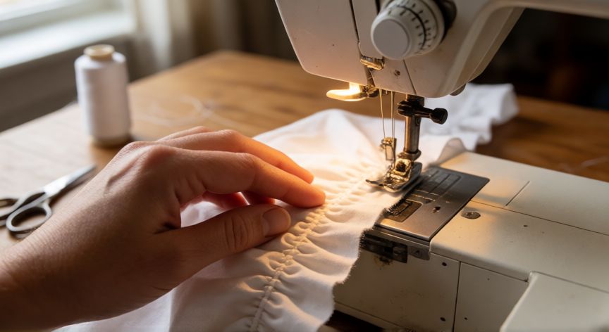 como coser fruncido, Manos cosiendo un fruncido en tela de algodón con máquina de coser
