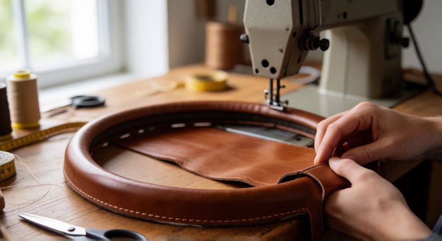 como coser funda de volante, Manos cosiendo una funda de volante de cuero marrón sobre mesa de trabajo