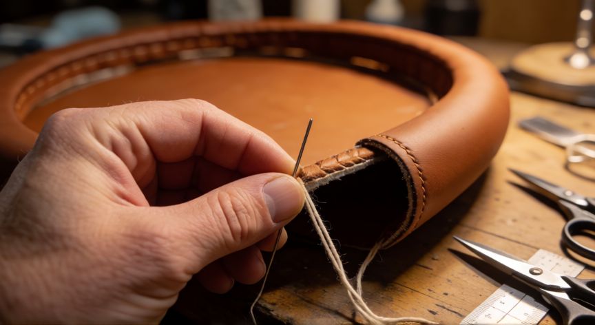 como coser funda de volante aliexpress, Manos cosiendo una pieza de cuero PU para funda de volante con aguja e hilo de poliéster sobre una mesa de trabajo