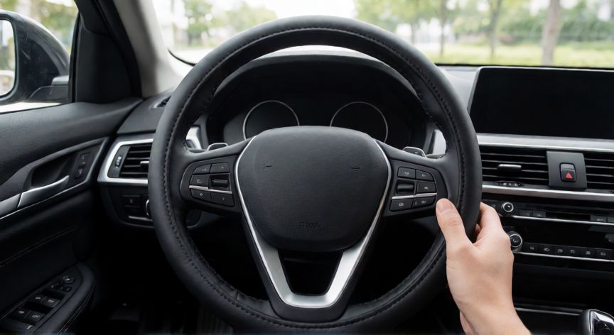 como coser funda de volante aliexpress, Volante de coche con funda de cuero recién instalada, vista desde el asiento del conductor