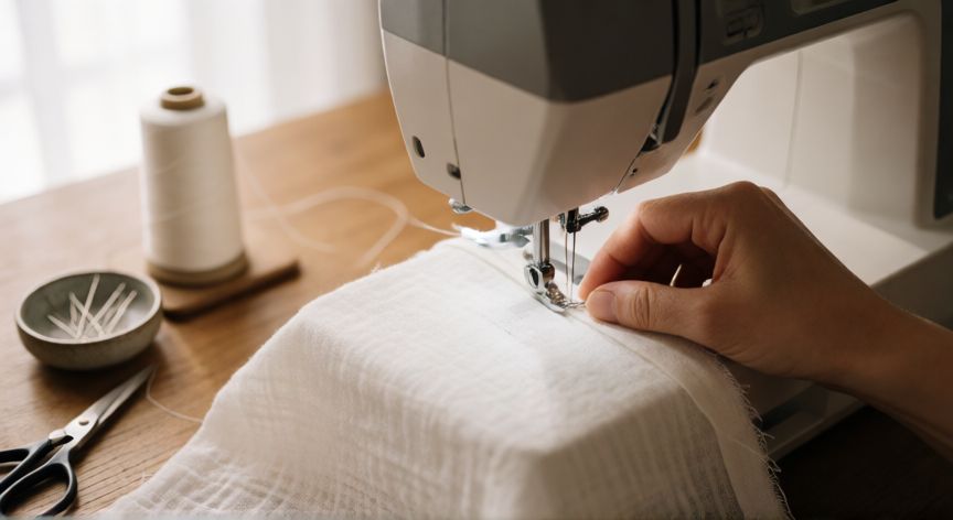 como coser gasa, Manos cosiendo tela de gasa blanca en una máquina de coser con aguja fina