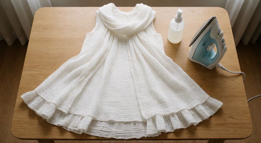 como coser gasa, Prenda terminada en gasa blanca con dobladillo festoneado sobre mesa de madera con plancha a baja temperatura