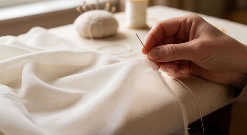 como coser gasa a mano, Manos cosiendo gasa blanca a mano con aguja fina sobre superficie acolchada