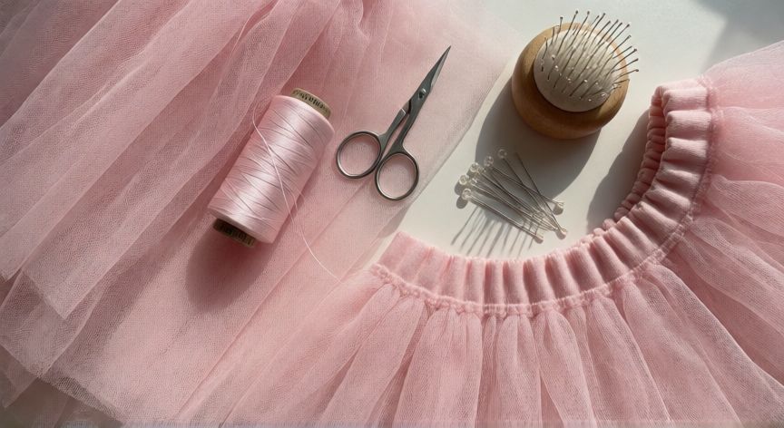 como coser gasa a mano, Mesa de costura con capas de tul rosa, hilo fino, tijeras y alfileres para coser gasa a mano
