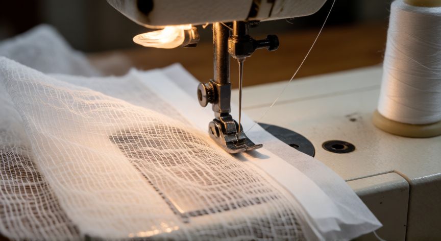 como coser gasa en maquina, Máquina de coser trabajando una pieza de gasa blanca con papel de seda de protección debajo